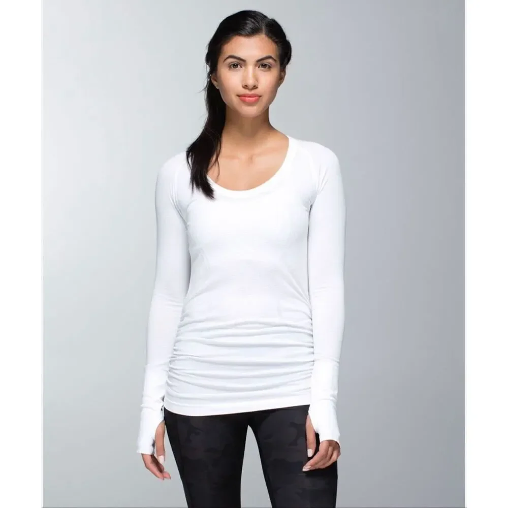 Lululemon Run: Swiftly Tech Long Sleeve Scoop *Ruched Heathered White Size 6